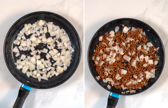 Side-by-side view of a pan and onions being fried.