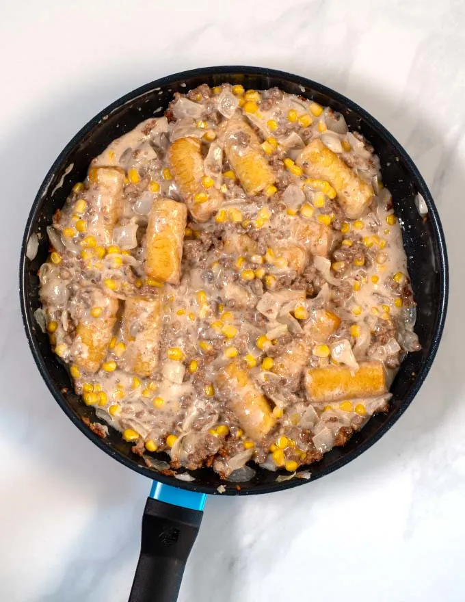 Mixed Tater Tot Casserole in a pan.