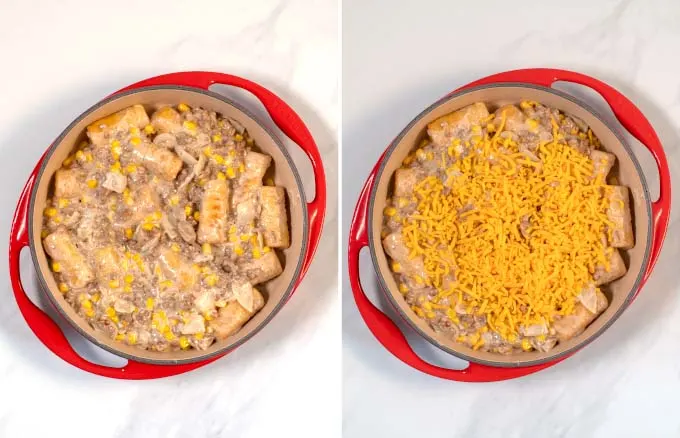 Casserole dish before and after topping with cheese.