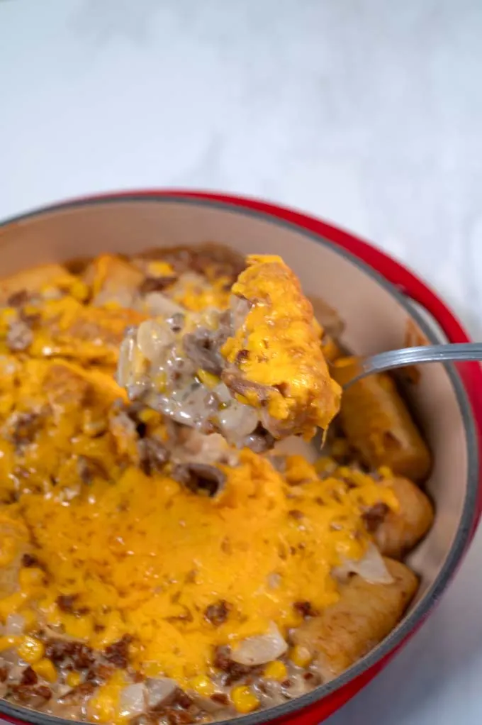 A spoonful of Tater Tot Casserole.