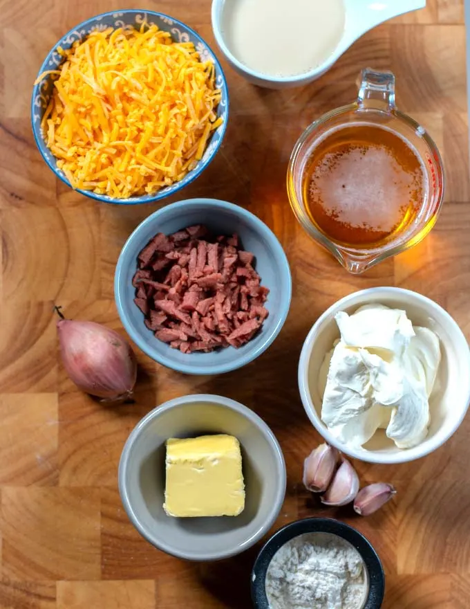 Ingredients needed to make Beer Cheese Dip.