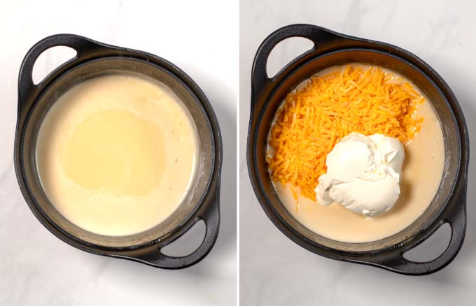 Step-by-step pictures showing how creamy white sauce is made.