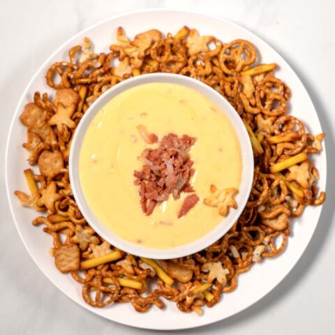 Serving of Beer Cheese Dip with pretzels.