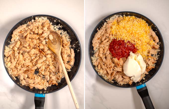 Step-by-step pictures showing the making of vegan chicken and cauliflower rice mixture.