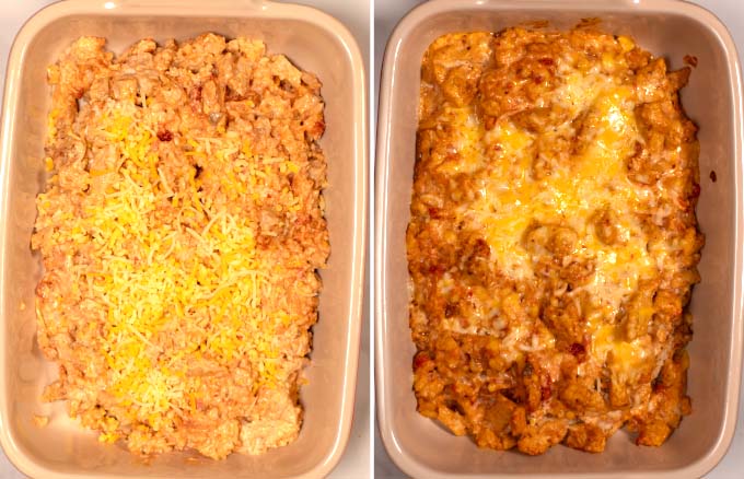 Double view of the Keto Mexican Chicken Casserole before and after baking in the oven.