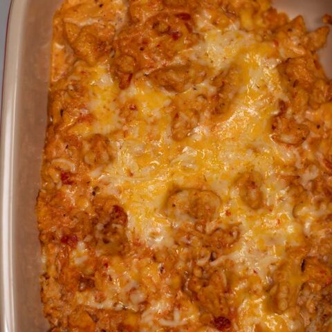 Cheesy top of the casserole in a closeup.