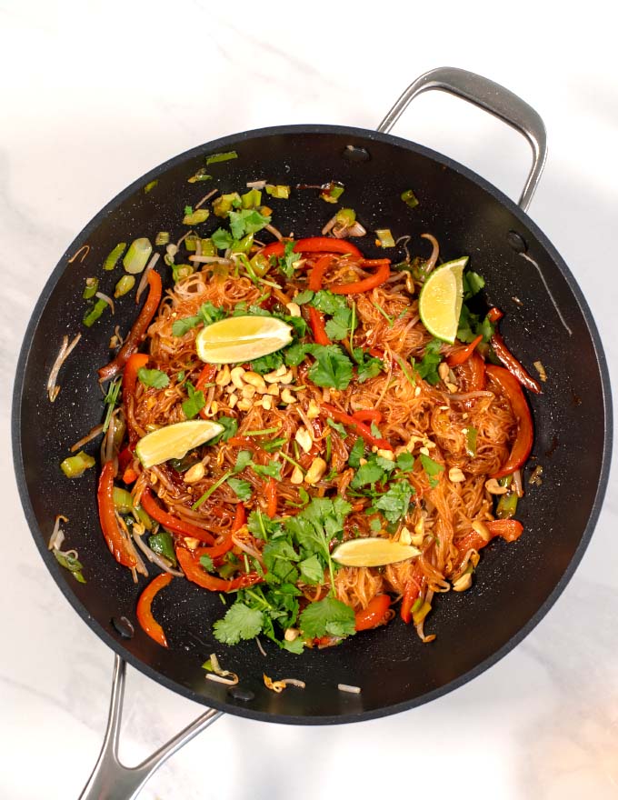 Top view of a wok with Pad Thai.