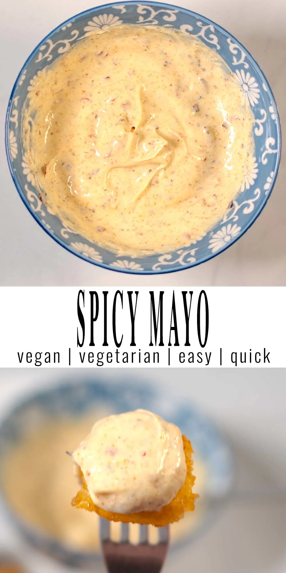 Collage of two photos of spicy mayo with recipe title text.