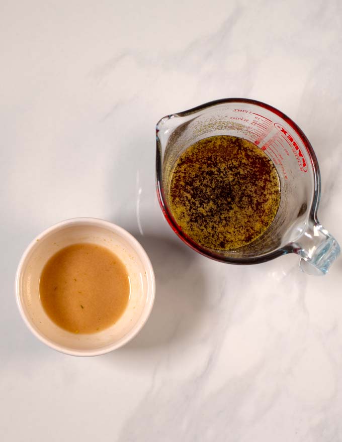 Side-by-side view of cornstarch slurry and rest of sauce base.