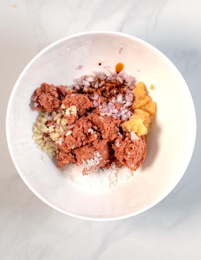 View of a mixing bowl with all ingredients.