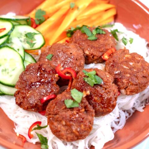 Closeup on a serving of Vietnamese Meatballs.