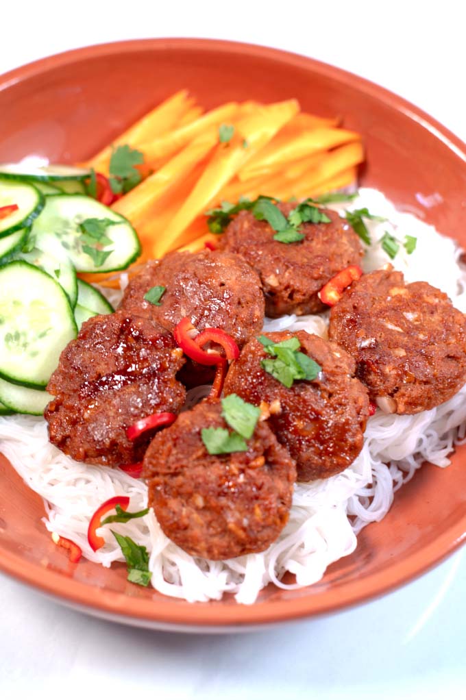 Closeup on a serving of Vietnamese Meatballs.