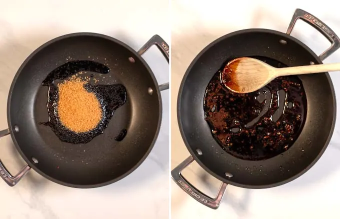 Side-by-side view of a pan with soy sauce and sugar mixture.