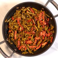 Canned French Style Green Beans in a pan.