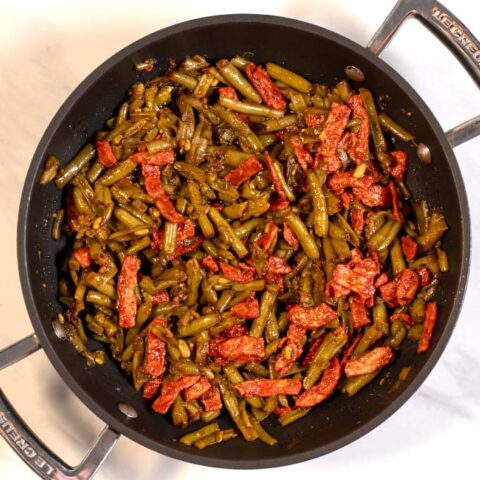 Canned French Style Green Beans in a pan.