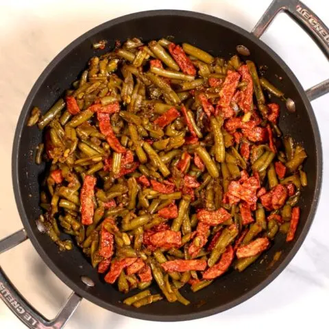 Canned French Style Green Beans in a pan.