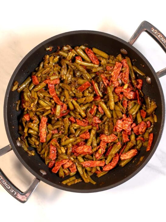 Canned French Style Green Beans in a pan.