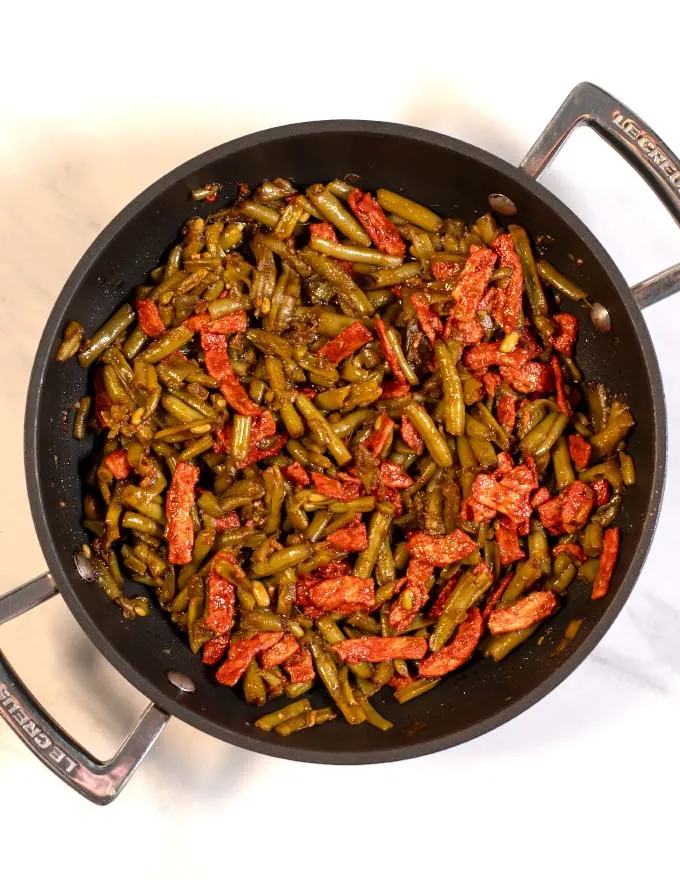 Canned French Style Green Beans in a pan.