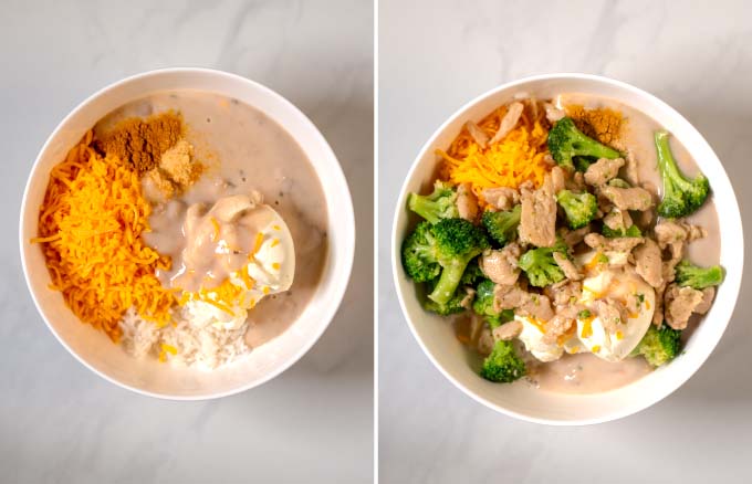 Side-by-side view of a large white mixing bowl with all ingredients for the Chicken Divan Casserole added.