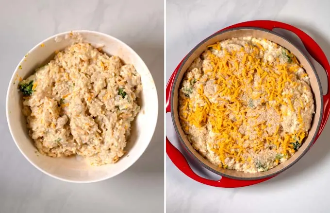 Set-by-step picture showing how casserole mixture is transferred to a baking dish, then topped with vegan cheese and breadcrumbs.