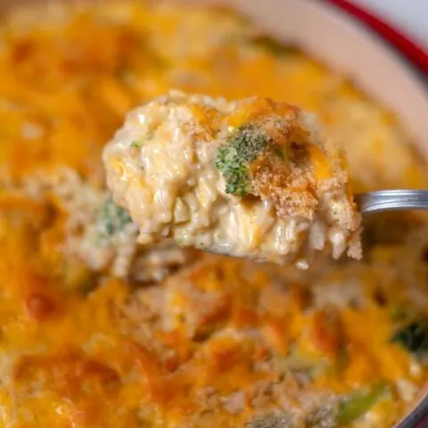 Closeup on a large serving spoon of the dish.