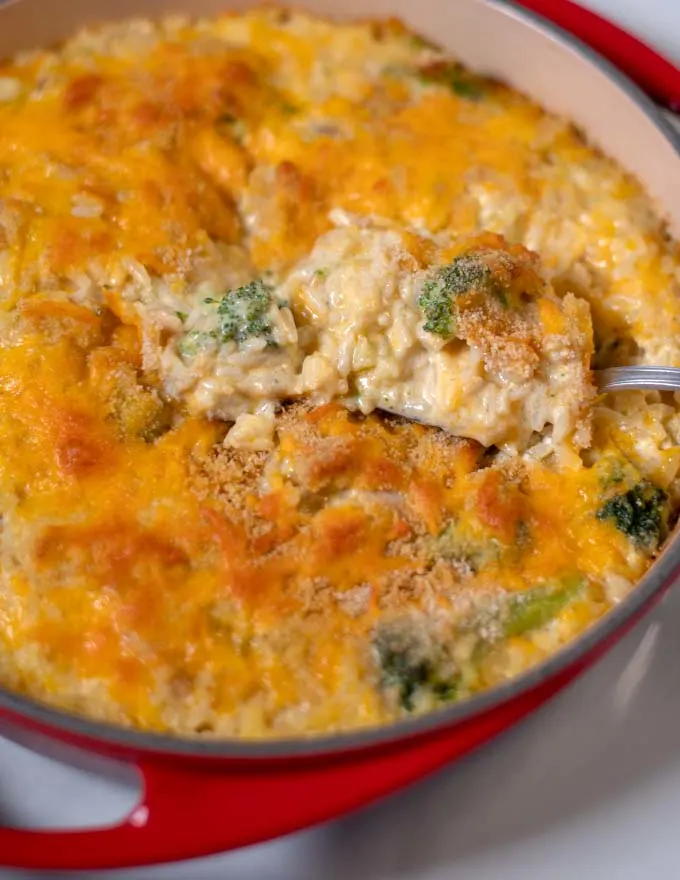 A spoon of Chicken Divan Curry Casserole.