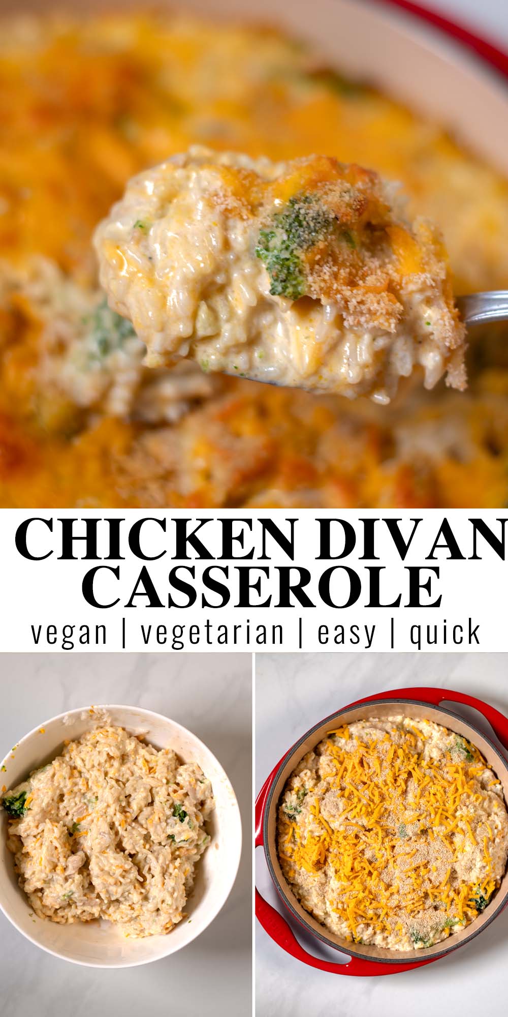 Collage of two photos showing Chicken Divan Curry Casserole with recipe title text.