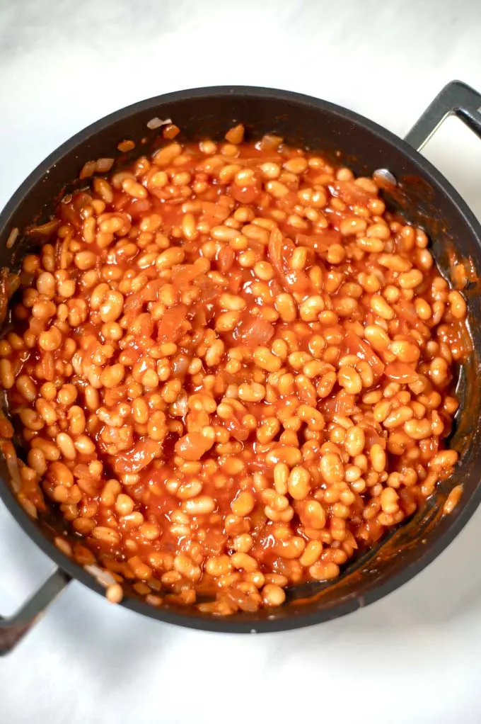 Top view of a pan with English Baked Beans.