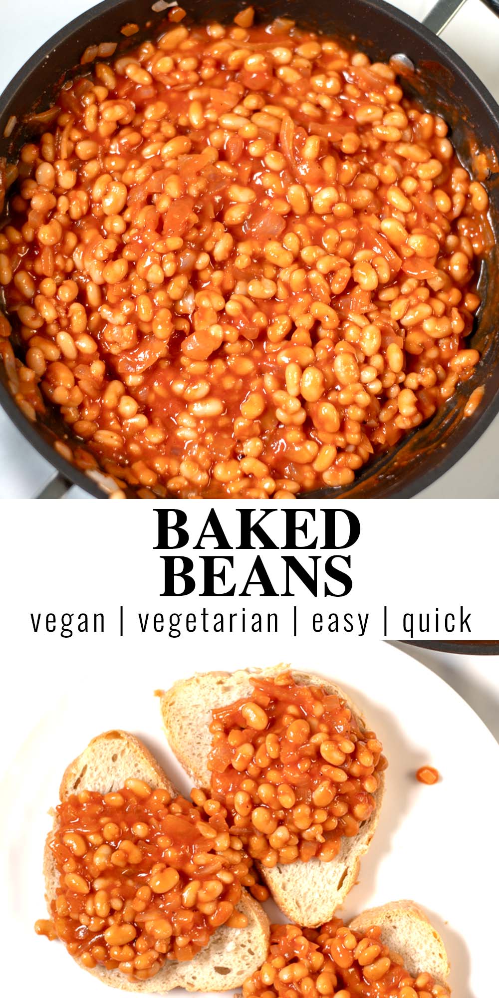 Collage of two photos of English Baked Beans with recipe title text.