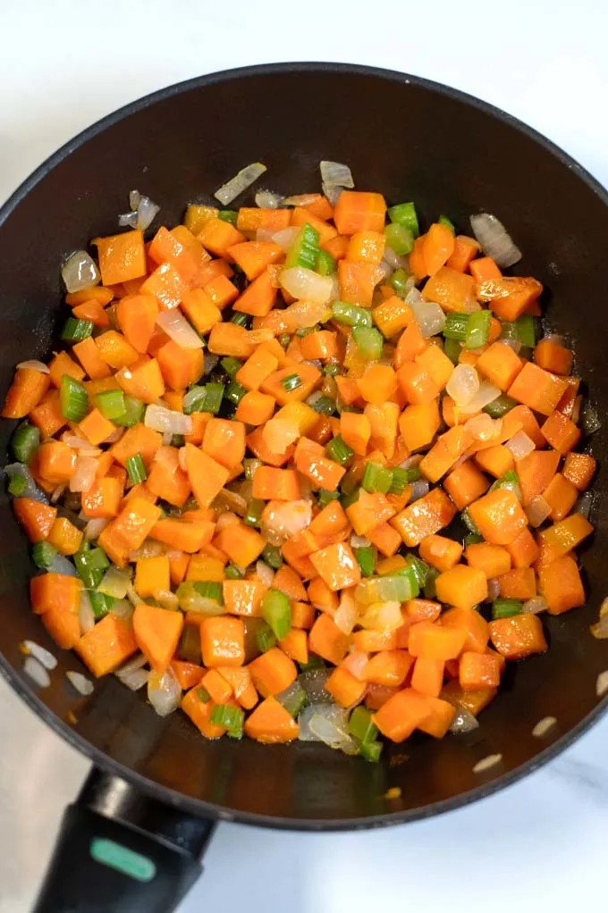 Closeup on the mix of carrots, celery and onions.