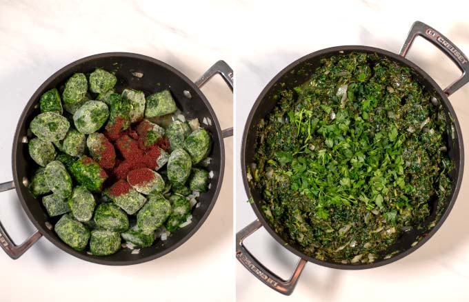 Side-by-side view of a frying pan with spinach filling.