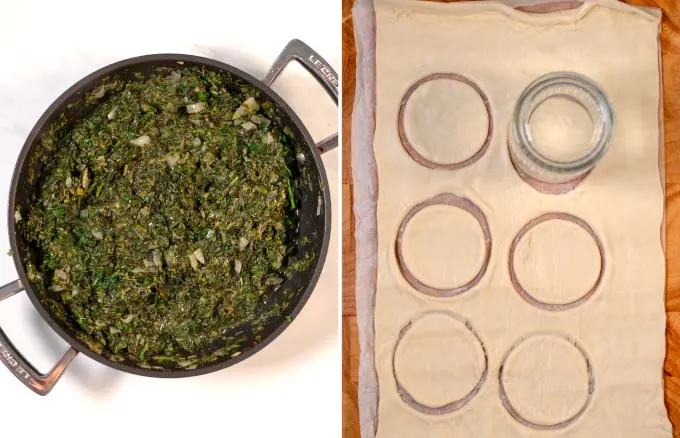 Side by side view of ready spinach fillings and cut out dough.