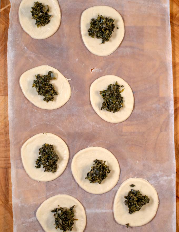 View of many Spinach Fatayer being filled.