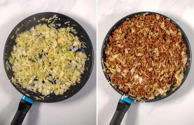 Side-by-side view of cabbage and vegan ground beef being fried in a pan.