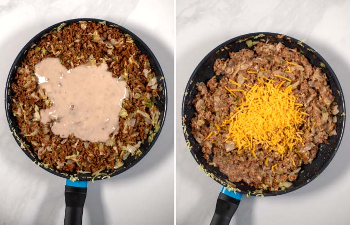 Cream of mushroom soup and vegan cheddar are given to the filling of the Bierock Casserole.