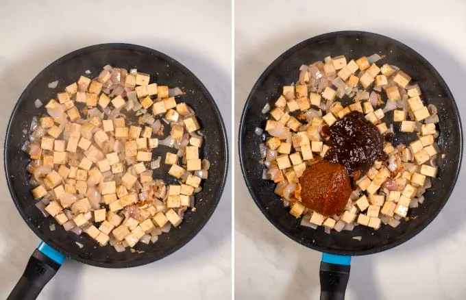 Side-by-side view of a pan with tofu and ingredients for the curry.