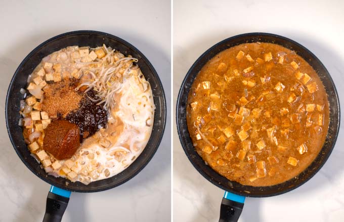 Step-by-step pictures showing the preparation of Pad Thai Curry in a pan.