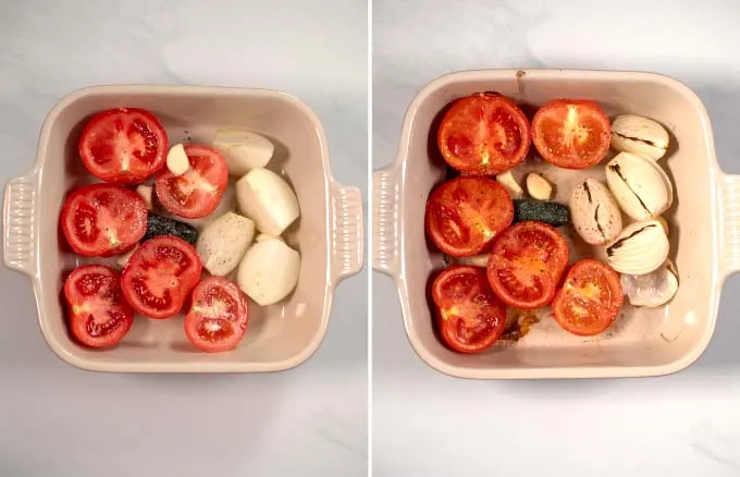 Side by side view of a baking dish with the ingredients for Salsa Roja before and after roasting in the oven.