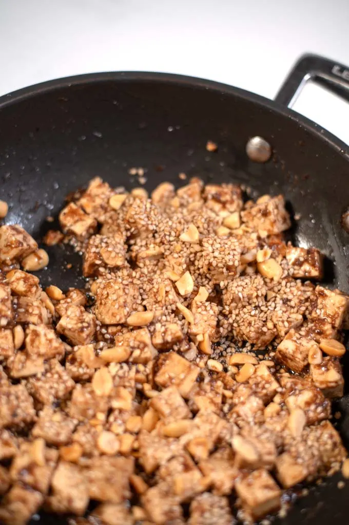 Closeup on tamarind marinated tofu.