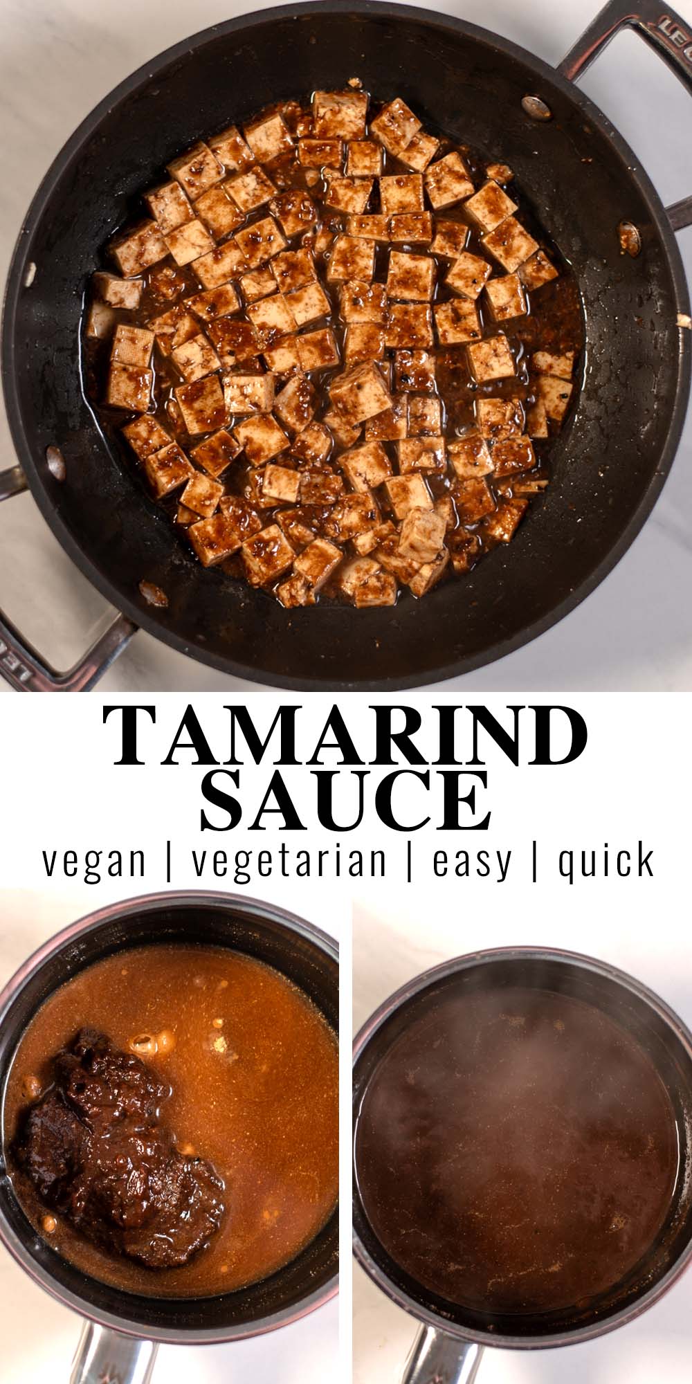 Collage of two photos showing tamarind sauce with recipe title text.