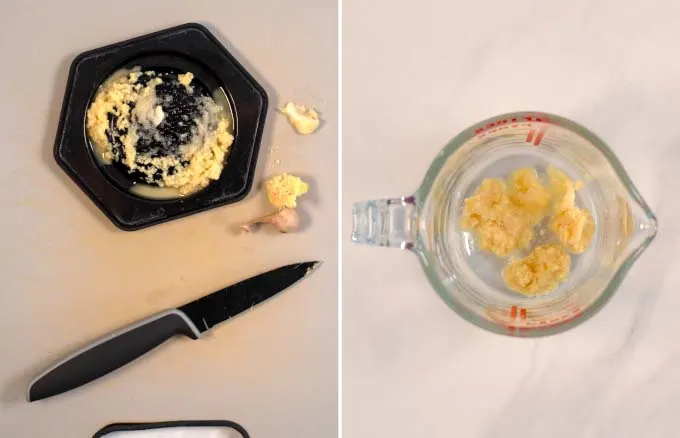 Step-by-step visual guide of grating ginger and garlic.