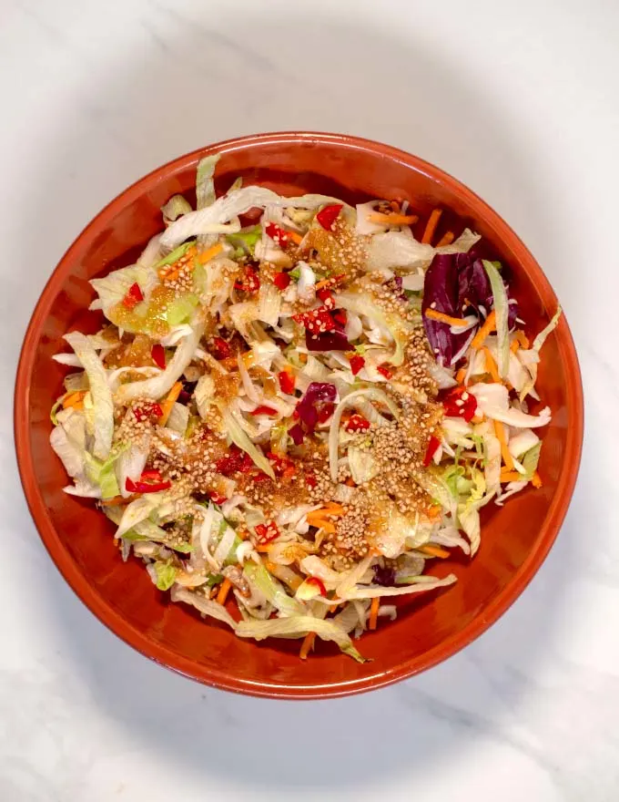 Sesame seeds garnish a salad.