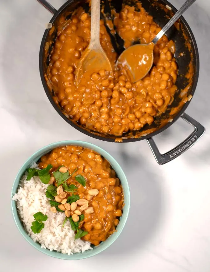 Serving of Thai Peanut Curry over white rice.