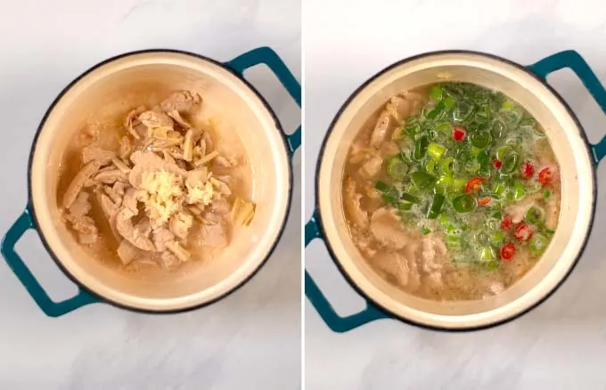 Side-by-side view of a pot with different steps of making Chicken Long Rice.