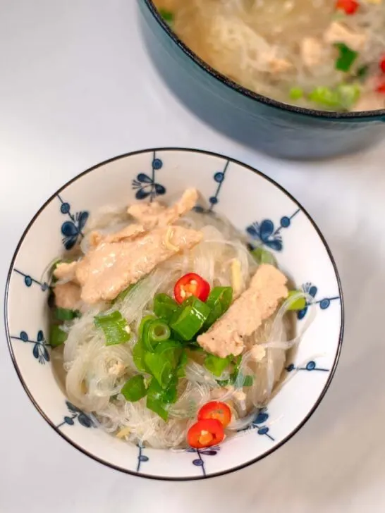 Closeup on a serving of Chicken Long Rice.