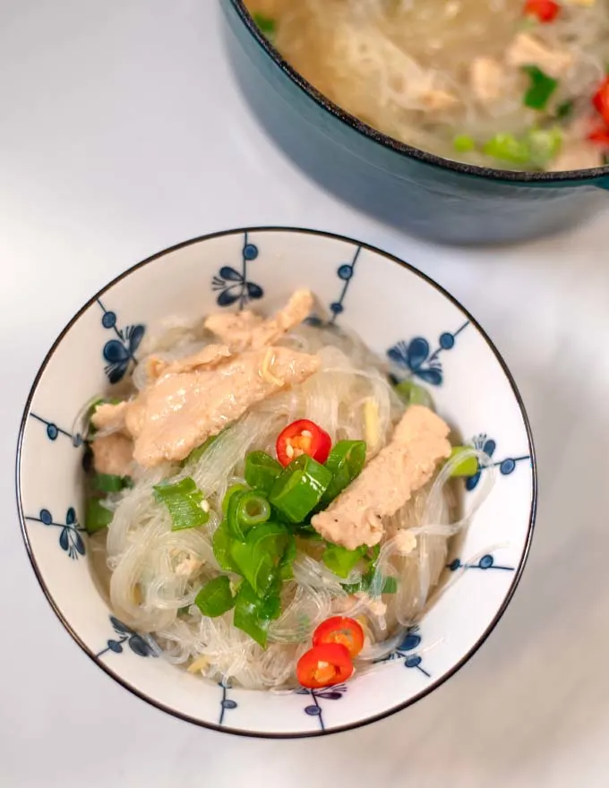 Closeup on a serving of Chicken Long Rice.