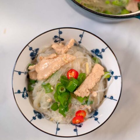 Chicken Long Rice garnished with fresh scallions.