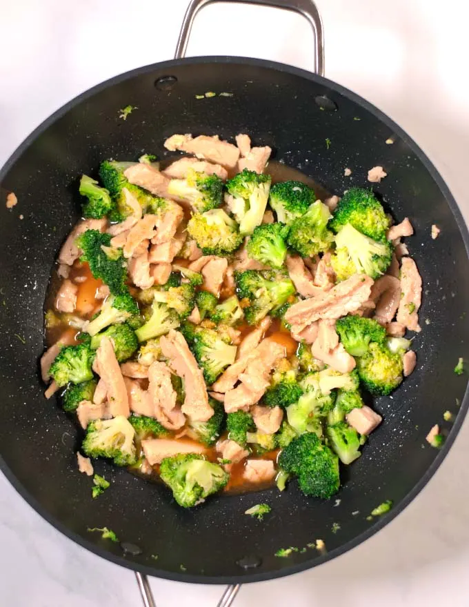 The sauce is given over the Chicken and Broccoli.