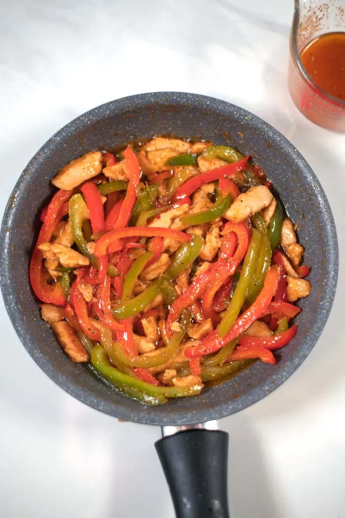 Closeup of a pan with Fajitas.