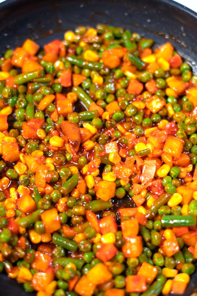 Closeup of seasoned vegetables.